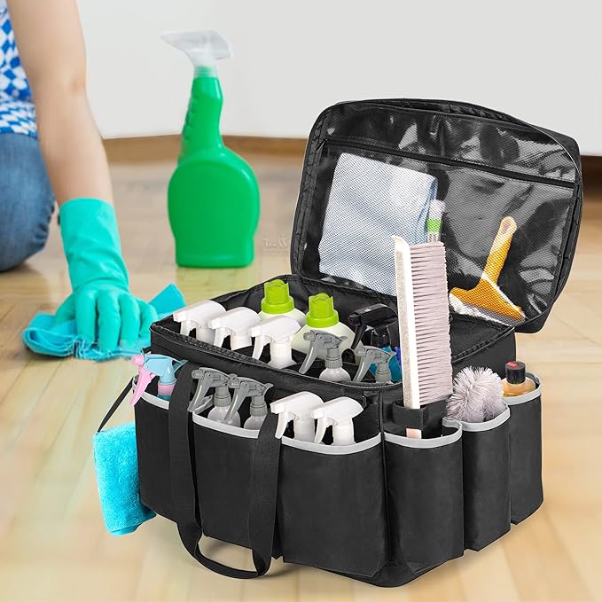 Extra-Large Cleaning Caddy with EVA Hard Bottom, High Capacity Cleaning Supplies Organizer for Housekeeping & Home Work, Cleaner Tools Tote Bag with Shoulder Strap, Patent Design