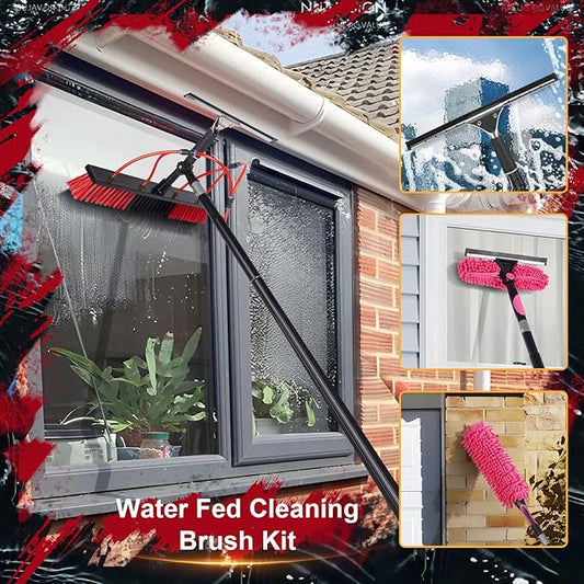 26ft Long Reach Solar Panel Cleaning Kit - Aluminum Extendable Water Fed Pole, 22in Wide Brush & Squeegee, Bendable Dusting Brush - Outdoor Window Washing Equipment Tool
