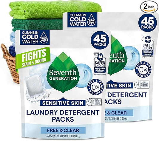 Seventh Generation Laundry Detergent Packs, Free & Clear, 90 Loads (2 pouches, 45 Ct EA)