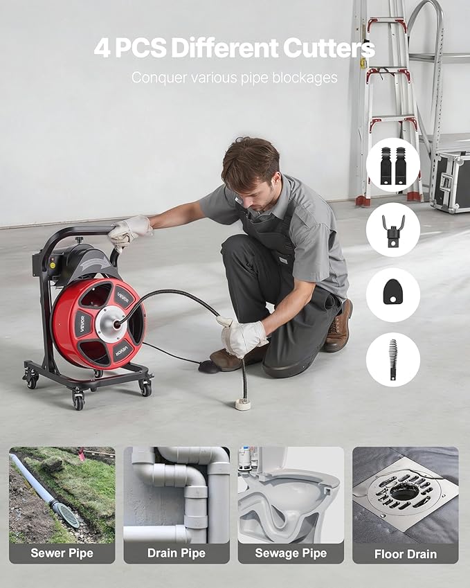 VEVOR Drain Cleaner Machine 50 FT x 1/2 Inch, Manual Feed Sewer Snake Auger on Wheels - with 4 Cutters & Air-activated Foot Switch for 2" to 6" Pipes
