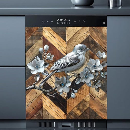 Stainless Steel Bird Flowers Dishwasher Magnet Cover for Home Appliances, Vintage Wood Grain Magnet Refrigerator Panel Decal, Silver Metal Bird Magnetic Dishwasher Sticker 23" W x 26" H