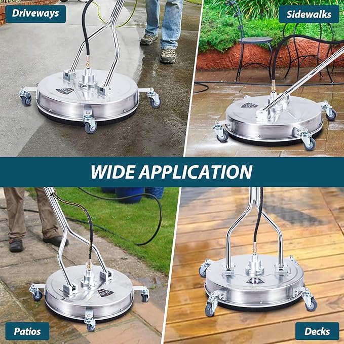Towallmark 20" Pressure Washer Surface Cleaner with Dual Handle 4 Wheels, 3/8" Connector, 2 Replacement Nozzles, Stainless Steel Power Washer Housing Accessory for Driveway Deck Sidewalk Patio 4000PSI
