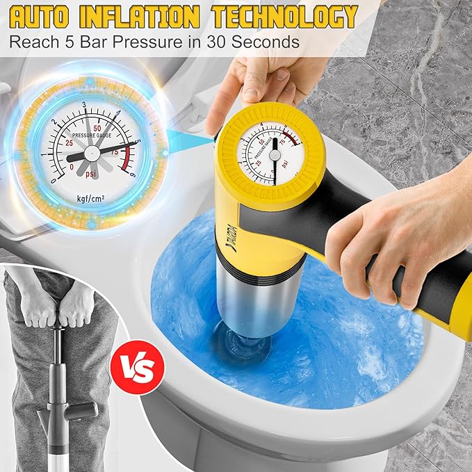 Electric Toilet Plunger, High Pressure Toilet Plungers, Cordless Electric Drain Unclogger Tool with Automatic Pressurized, NO Splash Back, 3 Heads & Storage Bag, for Bathroom Shower Floors