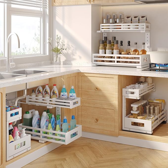 2-Pack 17"Deep Under Sink Organizer And Storage, 2-Tier L-Shaped Pull Out Cabinet Organizer with Upgraded Slide Rails, Height Adjustable Drawers for Kitchen&Bathroom, Extra-Large Storage Shelves–White