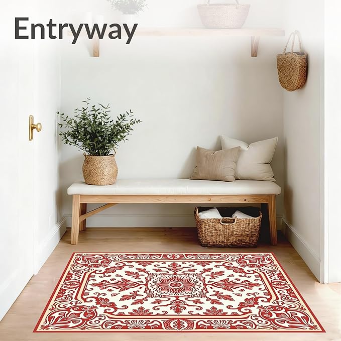 Flatwoven High Traffic Area Rug 4x6, Vintage Floral Medallion Shower Curtain with Coordinated Bathroom, Non Slip, Stain Resistant, Washable Area Rugs for Living Room, Bedroom (Red, 4x6)