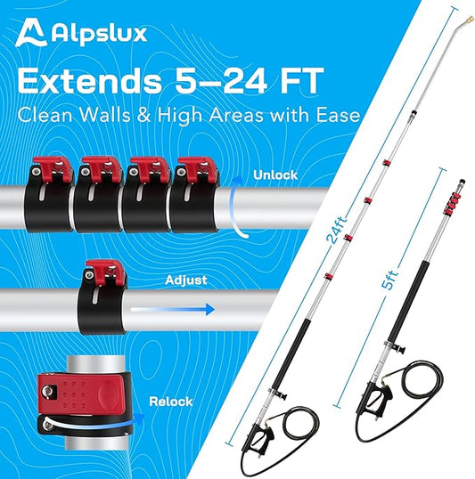 Gutter Cleaning Tools 24 FT Telescoping Pressure Washer 3 Extension Wands, Gutter Cleaner Attachment, Brush Head, 5 Spray Nozzle Tips, 3 Hose Adapters and Adjustable Support Belt