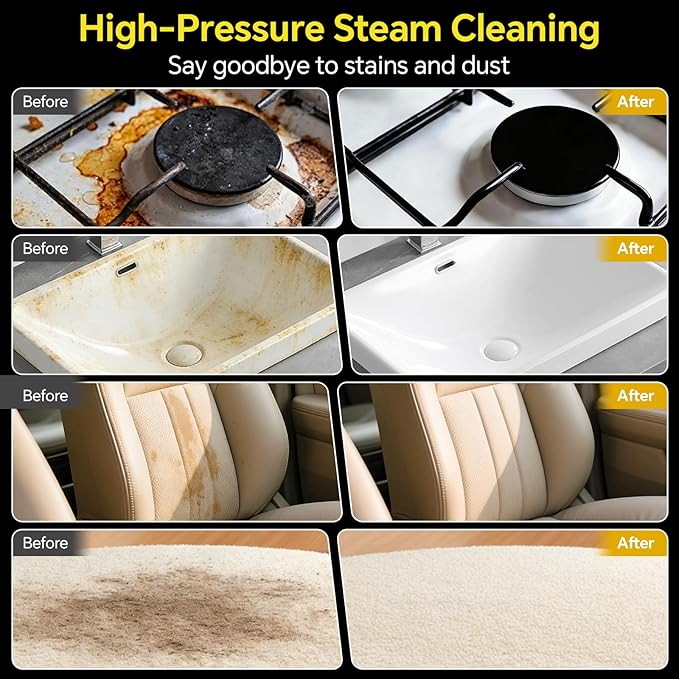 Heapsion Handheld Steam Cleaner, 4 Bar Pressure, 15s Fast Heat-Up, 1.8L Large Capacity Tank, 6 Steam Levels, 12-Piece Accessories, 1500W Portable Steam Cleaner for Grout, Tiles, Kitchen, Car Detailing
