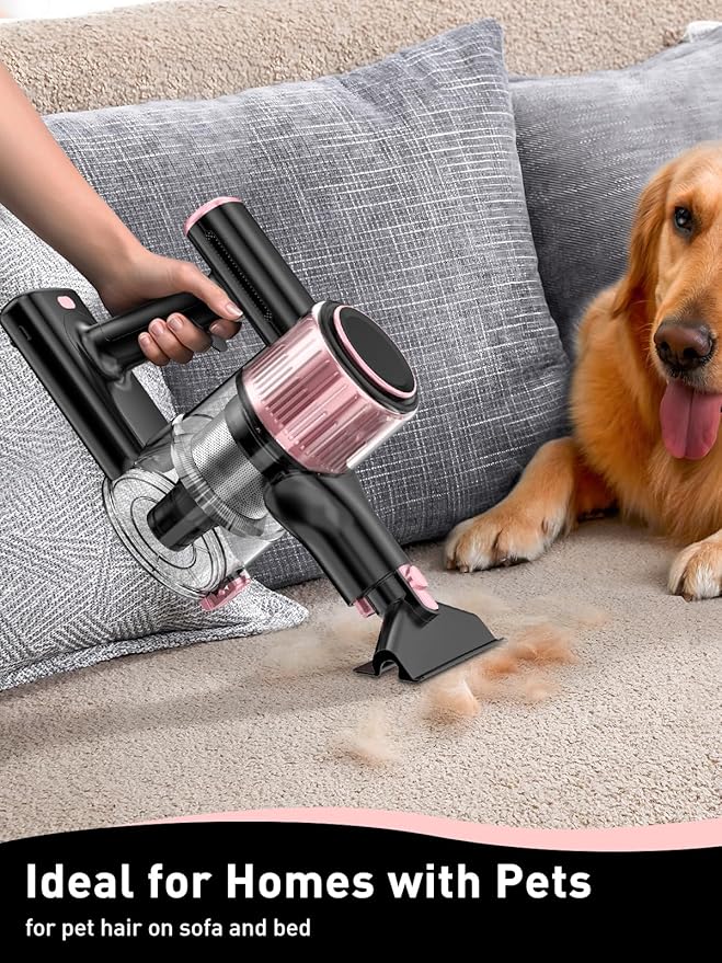 VICEASE Cordless Vacuum Cleaner, 8 in 1 Powerful Suction Lightweight Vacuum Cleaner for Home, LED Display, 3 Suction Modes, 45Mins Detachable Battery Vacuum for Hard Floor Carpet Pet Hair, Pink