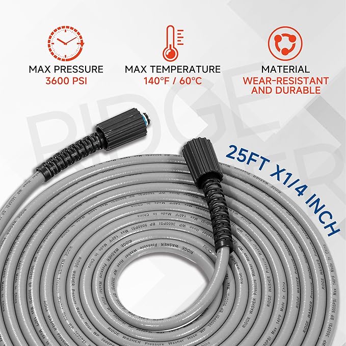 RIDGE WASHER Pressure Washer Hose 25FT, Kink Resistant Hoses Replacement with M22 14 Fitting, 1/4 Inch Power Washer Hose’s Applied for Most Pressure Washer Accessories, 3600 PSI
