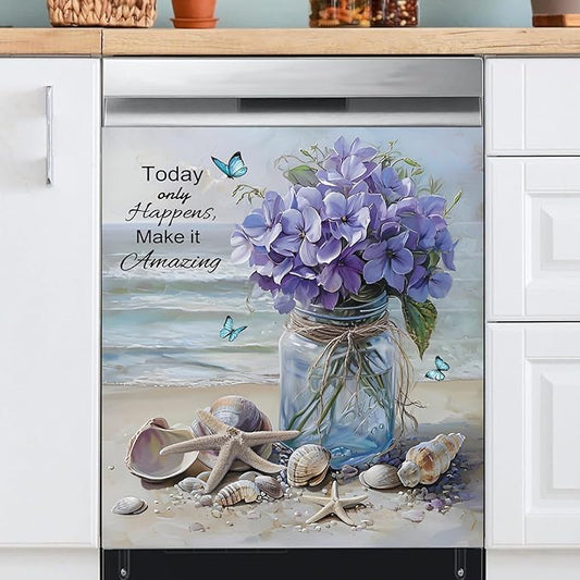 Generic Vase Flowers Dishwasher Magnet Cover, Spring Summer Floral Butterfly Stickers Kitchen Decor, Beach View Starfish Shells Inspiring Quotes Home Appliances Magnetic Panel Decals 23x26