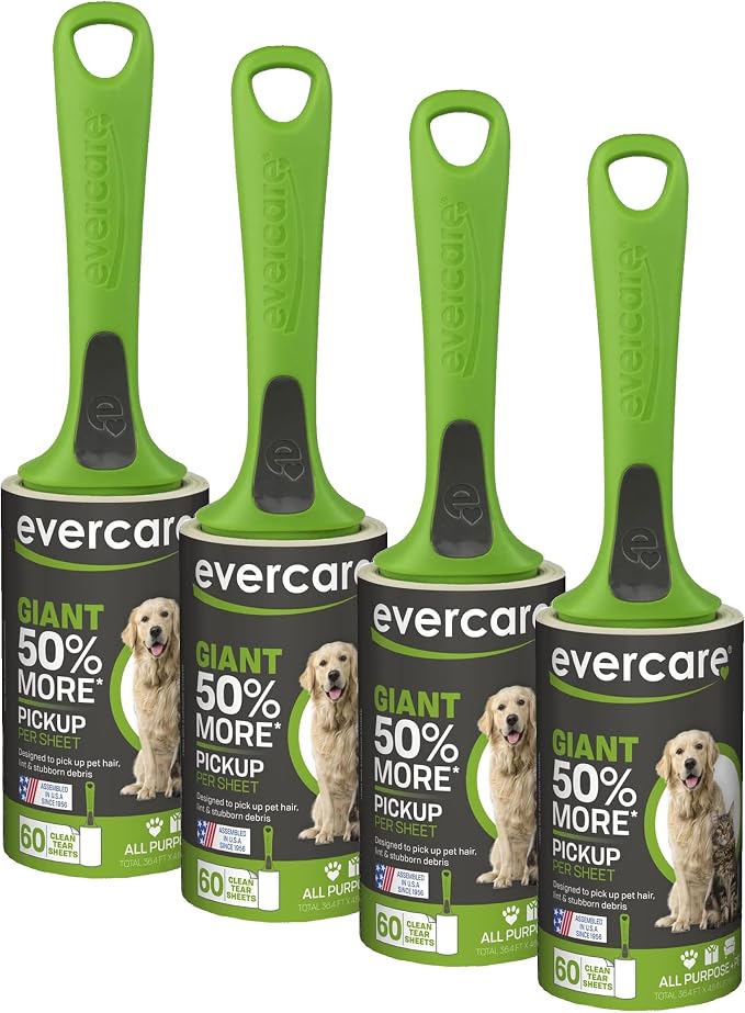 Evercare Lint Roller Pet Hair Remover Giant 60 Layers Per Roll, Green (Pack of 4) by Evercare
