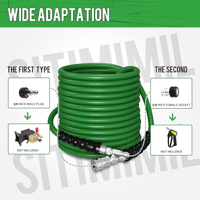 SITIMIMIL® 3/8 Pressure Washer Hose 50FT Hot Water - Commercial Grade 4800PSI Steel Wire Braided, Ultra Flexible & Kink Resistant, Quick Connect Fits Most Brands, for Home & Professional Use Green