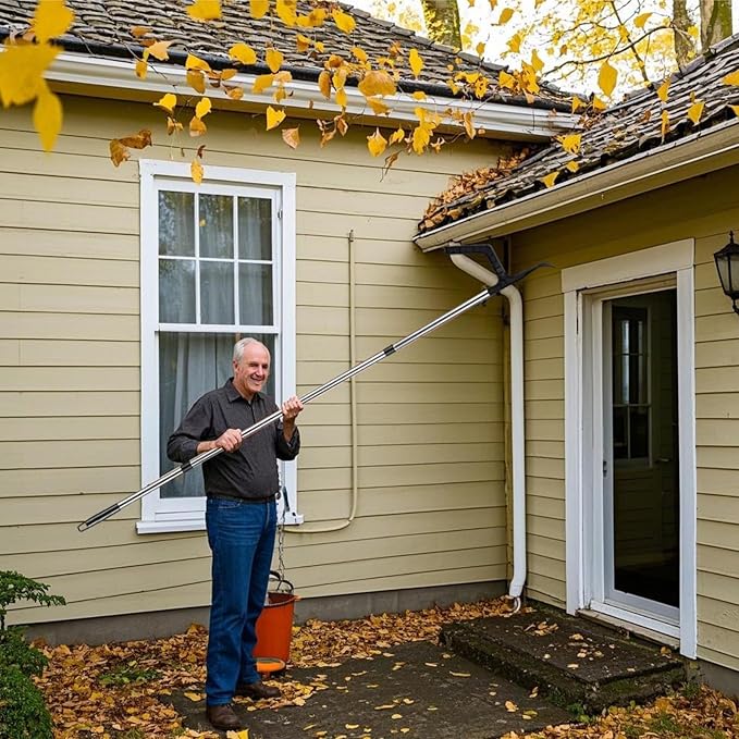 2 in 1 Gutter Cleaning Tools 12.8FT Adjustable Gutter Cleaning Tools from The Ground Gutter Cleaner Scoop Multi-Functional Gutter Cleaner Brush Easily Clear Roof Leaves Debris Roof Gutters