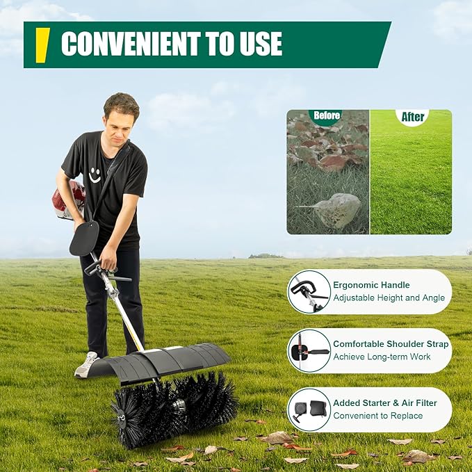 Handheld Sweeper,52CC Gas Power Sweeper Broom Driveway Turf Artificial Grass Snow Clean,2-Stroke 2.3HP Engine Sweeping Lawns Brush Lawn Cleaner Tools for Boulevards,Driveways,Lawns,Sidewalks