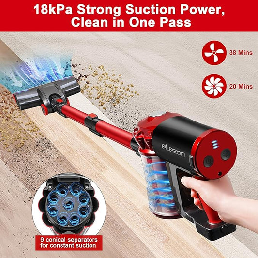 elezon A200 Cordless Vacuum Cleaner, Stick Vacuum with Powerful Suction, 38 Mins Runtime, Rechargeable Battery, HEPA Filter, Portable Lightweight Vacuum Cleaners for Home, Hard Floor, Pet Hair