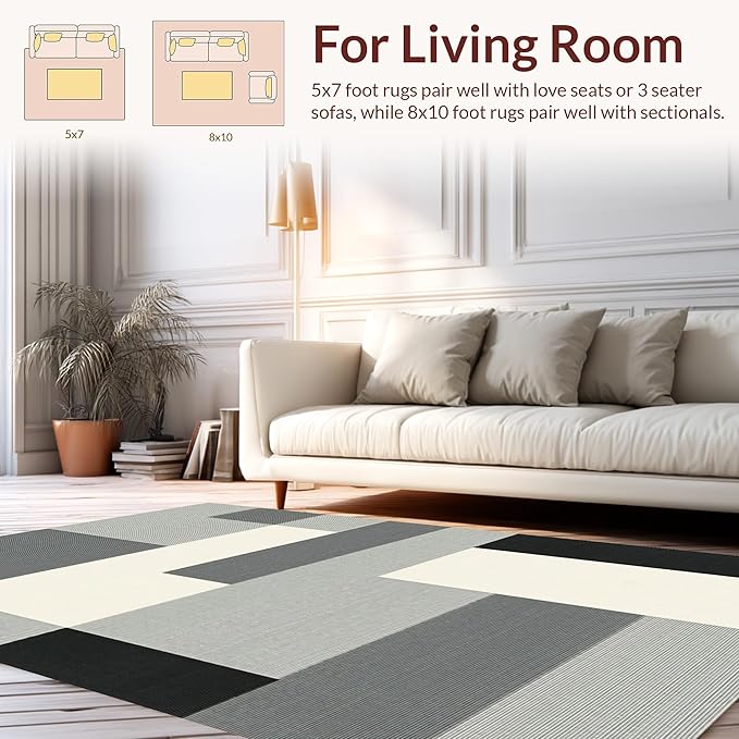 Flatwoven High Traffic Area Rug 3x5, Striped Cleaning Tool for Bath & Patio, Non Slip, Stain Resistant, Washable Area Rugs for Living Room, Bedroom (Gray, 3x5)