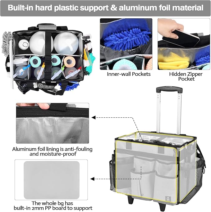 Extra Large Rolling Cleaning Caddy Bag with Detachable, Foldable Trolley Portable Cleaning Cart for Housekeeping Cleaning Caddy with Adjustable Shoulder Strap and Multiple Storage Pockets