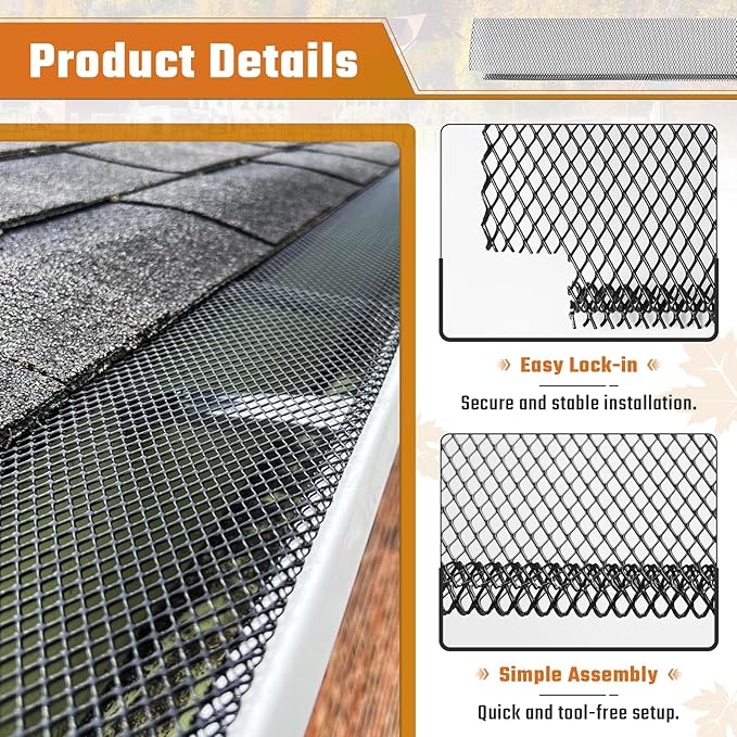 Lock-in Gutter Guard - 6” x 210 ft Durable Coated Steel Leaf Gutter Guards Micro Mesh Gutter Screens Gutter Protection Covers Fit K Style Gutter, Black, Pack of 70