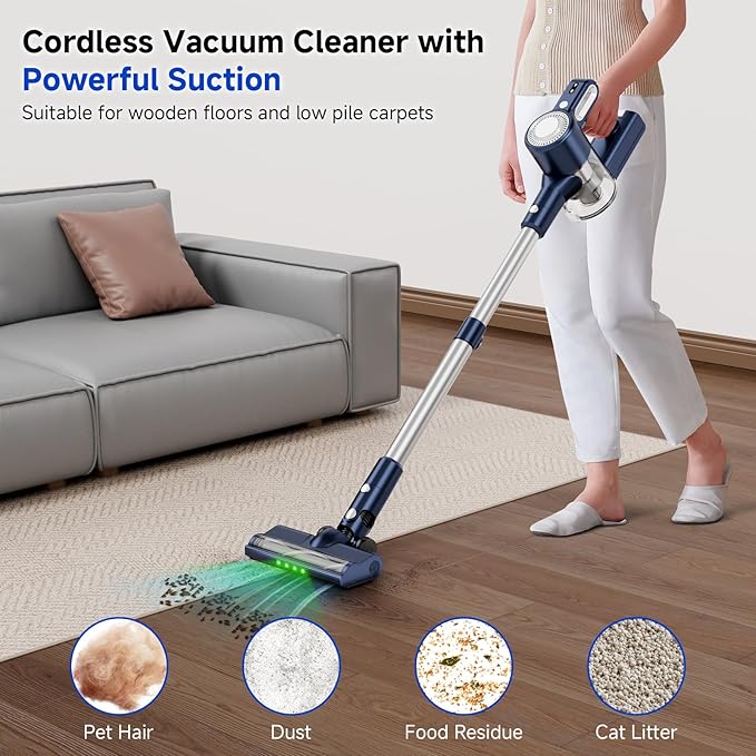 Cordless Vacuum Cleaner for Home: 6-in-1 Stick Vacuum with Powerful Suction, Rechargeable, Anti-Tangle Pet Hair Brush, Green LED Headlight Vacuum for Carpet & Hardwood Floors-Dark Blue