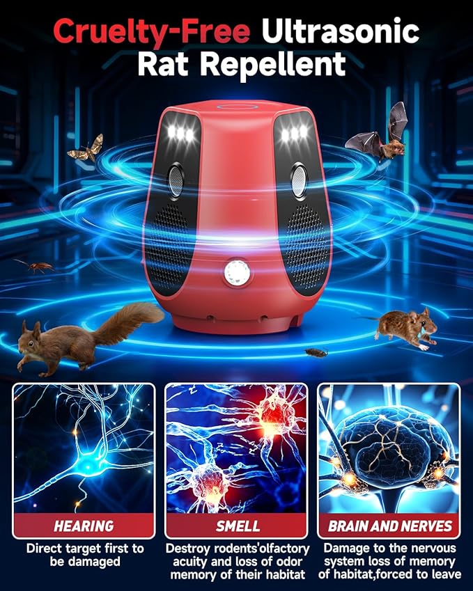 Mouse Repellent Ultrasonic Plug in, 360° Ultrasonic Rodent Repellent with PIR Sensor & LED Strobe Light, 3 Modes Mice Repellent for Indoor, Electronic Pest Control Devices for Spider, Cockroach, Ant