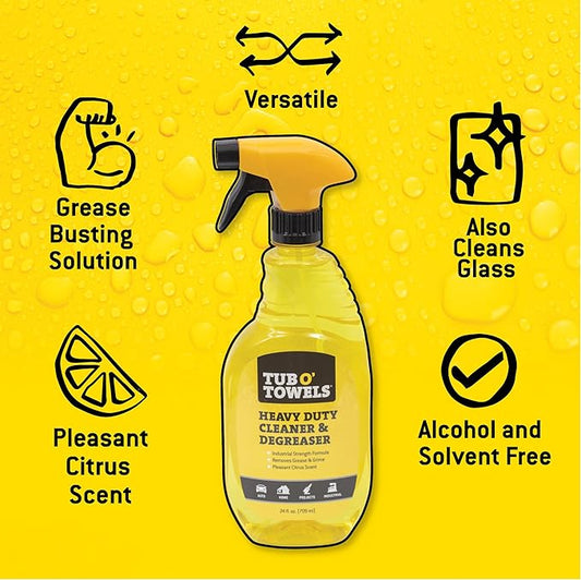 Tub O' Towels Heavy Duty Cleaner and Degreaser Spray Helps in Removing Oil Tar Paint Dirt Caulk Grease Grime Gunk Epoxies, Industrial Strength, Home & Auto, Made In USA, Citrus Scent, 24oz, 12-Pack