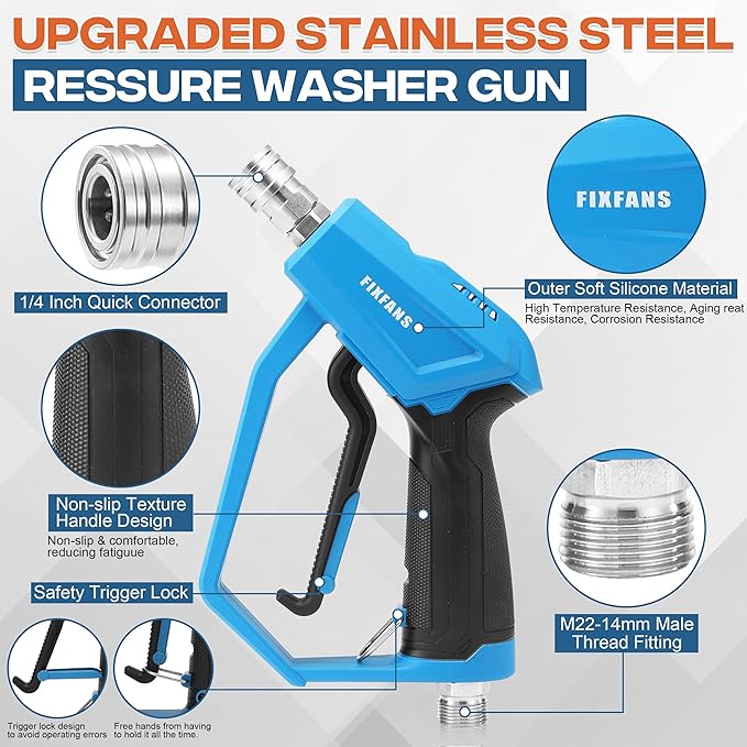 FIXFANS Pressure Washer Gun with Mini Foam Cannon, Dual Connector Accessory, Car Wash Foam Gun Kit - No-Dilution Foam Cannon Pro, 5 Power Washer Nozzle Tips & M22 Adapter, 1/4" Quick Connect