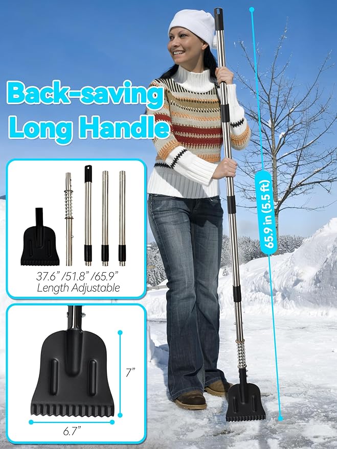 Driveway Ice Scraper, Spring-Loaded Shock-Absorb Ice Chopper for Sidewalk, Heavy Duty Ice Breaker Tool with 66" Long Handle, Serrated Blade for Cut Ice, Snow Removal, Floor Cleaning, Stainless Steel