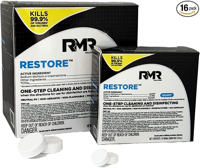 RMR Solutions RESTORE Disinfectant & Cleaner Concentrate, EPA Registered Mold Remover & Antibacterial Cleaning Solution for Kitchen, Bathroom, Floor, Home, Pet Areas, Counter, 13.1g, Makes 16 Quarts