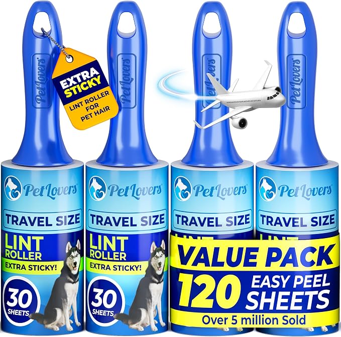 PetLovers Extra Sticky Lint Roller Mega Value Set for Pet Hair Removal and Clothes, Dog and Cat Lint Remover (Blue, 4 Pack Mini) by PetLovers