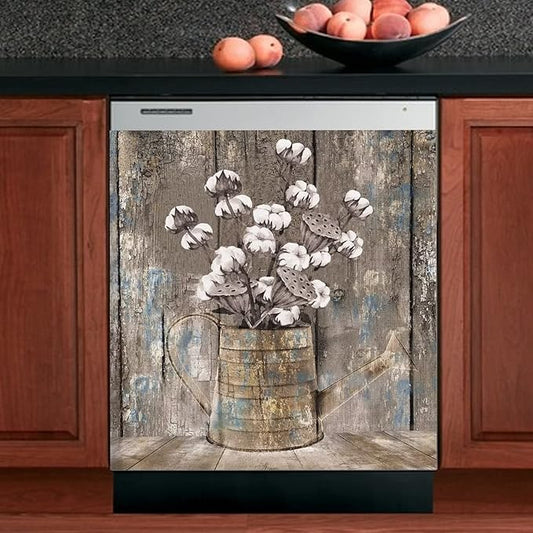 Vintage Wood Dishwasher Cover Kitchen Decorative,Rustic Wooden Dishwasher Magnet Cover Decor Cotton Flower Sticker,Retro Farm Floral Dishwasher Decal Home Appliance Panel Stickers 23"x17"