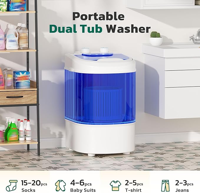 Greenvelly Portable Washing Machine, Single Tub Small Laundry Washer with Spin Basket, 6.6lbs Portable Washer Dryer Combo for Apartments,Dorms (Blue)