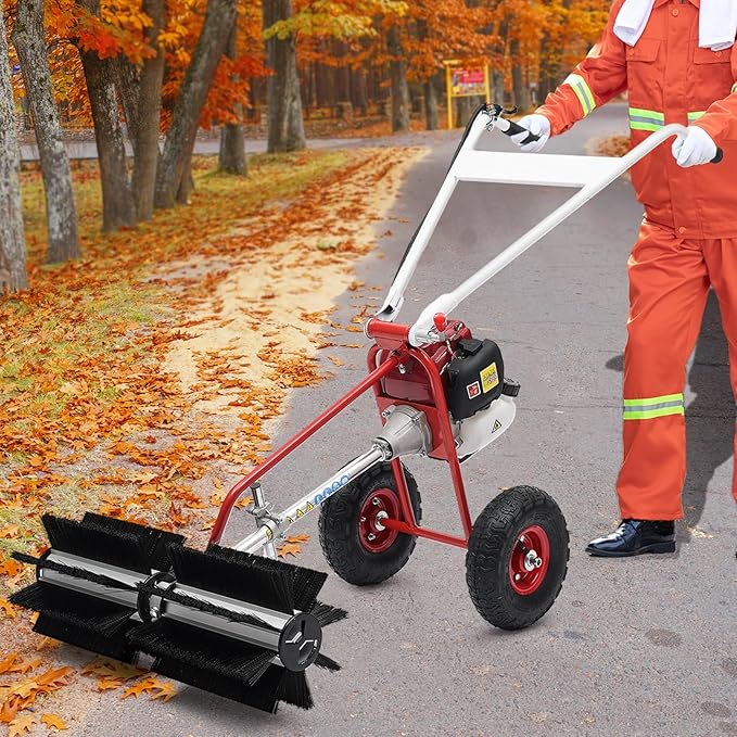 Gas Handheld Sweeper,Outdoor Hand Held 4-Stroke 37.7CC Gas Power Sweeping Broom, Walk Behind Handheld Cleaning Driveway Turf Artificial Grass Snow Clean Lawn Sweeper Cleaner Tools for Park