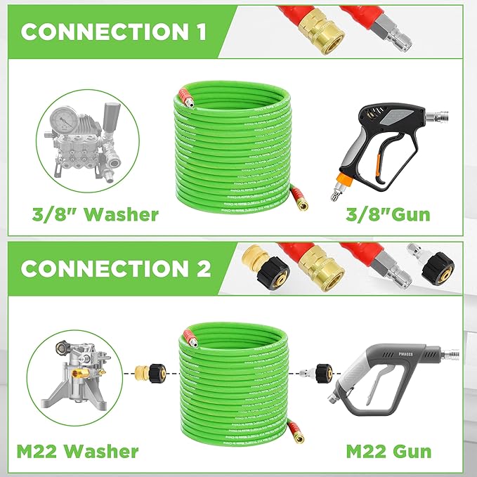 PWACCS Pressure Washer Hose 100FT, 3/8" Quick Connect Power Washing Hose Kink Resistant Steel Wire Braided, M22 14 Adapters, Cold/Hot Water, 4000 PSI