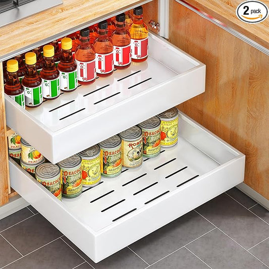 2Pack Pull out Cabinet Organizer, 21"Deep, 20"Wide Full-extension Heavy Duty Slide out Drawers Fixed with Adhesive Nano, Roll Out Shelves Sliding Cabinet for Kitchen,Bathroom,Pantry,Under Sink(White)