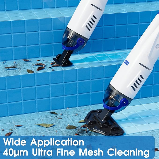 Cordless Handheld Pool Vacuum Cleaner 1110 GPH True Strong Suction 60min Run-time 40µm Ultra Fine Mesh Filter for Leaves Debris,with Aluminum Pole&Angle Head for Hot Tubs,Inground &Above Ground Pools