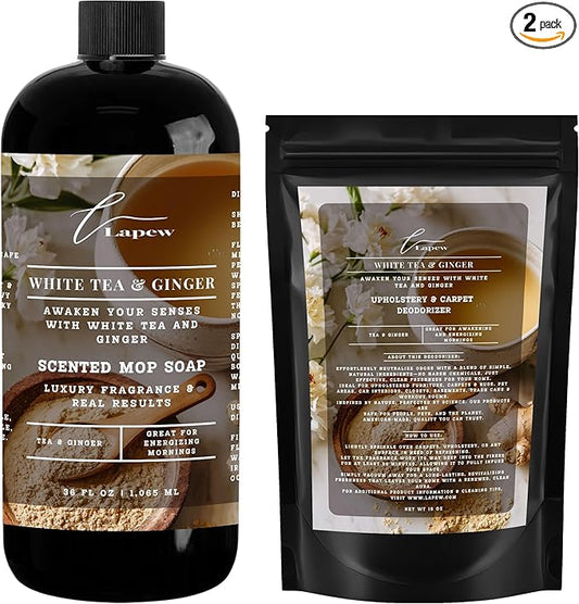 Lapew White Tea & Ginger Scented Cleaning Bundle | Carpet Deodorizer Powder (16 oz) & Mop Soap Concentrate (36 oz) | Pet-Friendly Odor Eliminator