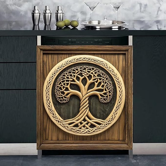 Wood Tree of Life Dishwasher Front Door Cover Vinyl Magnetic Sticker, Retro Wood Door Fridge Magnet Panel Decal, Tree of Life Dishwasher Magnet Skin Cover - 23x26 in (Magnet)