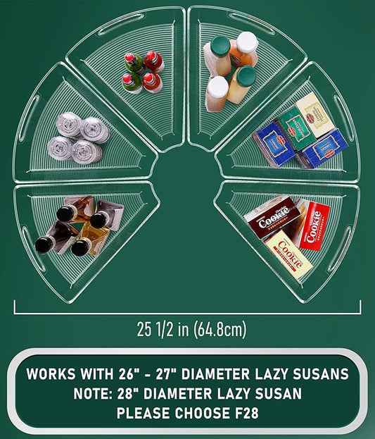 Lazy Susan Cabinet Organizer Bins for 26"/ 28"/ 32" Diameter Corner Organizer, Plastic Cabinet Storage Bin, 1/8 Wedge - Food Safe, BPA Free, with Non-Slip Pads (for 32" Diameter, 6 Pack)