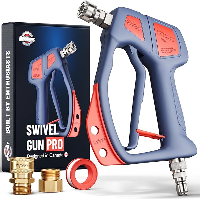McKillans® Swivel Gun Pro - Swivel High Pressure Water Handle with 3/8" Male Plug and 1/4” Quick Connector Coupler - Power Washer Gun Compatible with Foam Cannon - Nozzle Tips Holder