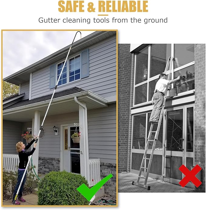 Gutter Cleaning Tools from The Ground, 16FT (24FT Reach) Telescoping Gutter Cleaner Wand with Adjustable Water Flow, Rain Gutters Cleaning Tool for Leaves and Debris, Fits Standard Garden Hoses