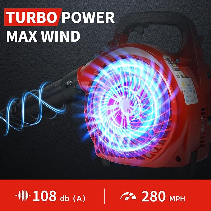 28 CC Gas Leaf Blower, 490 CFM 280 MPH, 1.1-HP 2-Stroke, Handheld Gas Powered Leaf Blower, Lightweight, Powerful Clearing Performance for Lawn Care, Driveway Cleaning and Light Snow Removal