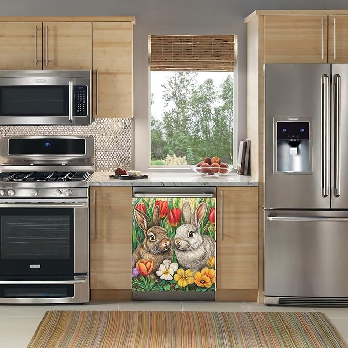 Two Rabbits Dishwasher Panel Decal Magnetic Cover Spring Colorful Flowers Home Appliance Decoration, Easter Bunny Dishwasher Magnet Full Door Cover, Easy Update (23" x 26" Magnetic)