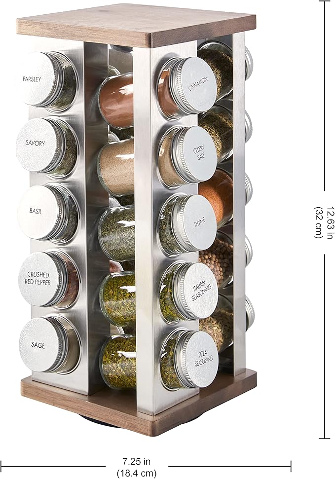 Kamenstein 20-Jar Vintage Revolving Spice Rack Organizer with Spices Included, 5 Years of Spice Refills, Rotating Wood and Stainless Steel Storage, Culinary Gift for Home Chefs