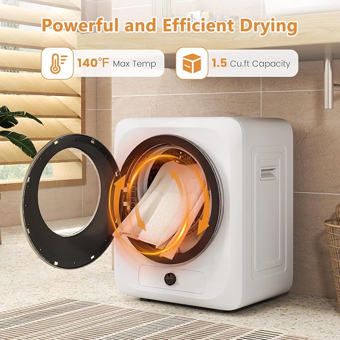 VCJ Portable Clothes Dryer for Apartment, 1.5 Cu.ft Compact Mini Electric Dryer with 5 Drying Modes, Stainless Steel Tub, Simple Knob Control, Dryer Machine for Dorm, RV, Small Space