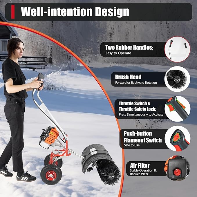 2.5HP 52CC Gas Power Handheld Sweeper, Driveway Turf Snow Broom Brush Cleaner Artificial Grass Walk Behind Electric Lawn Power Outdoor Road Street High Performance Cleaner