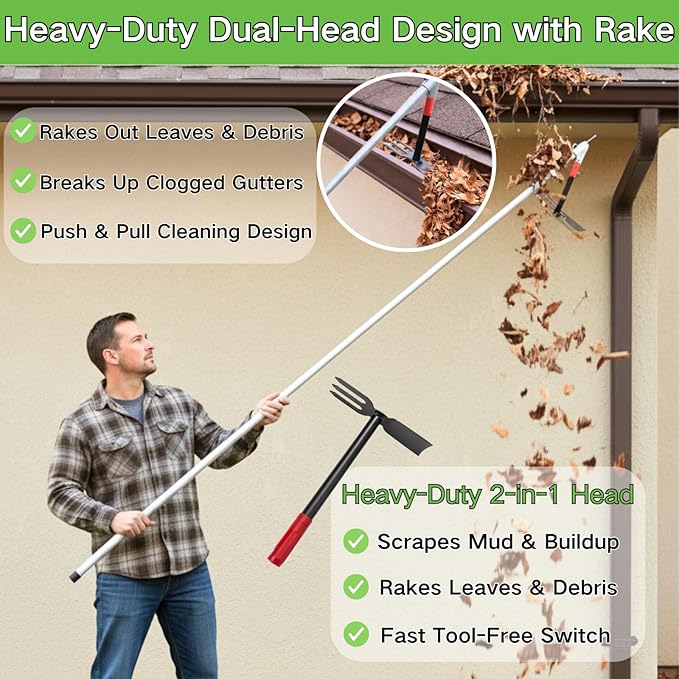 Heavy Duty Gutter Cleaning Tool, 10 Ft Leaf Gutter Cleaning Kit with Extension Pole Multifunctional Rake, Roof and Garden Debris Removal from Ground
