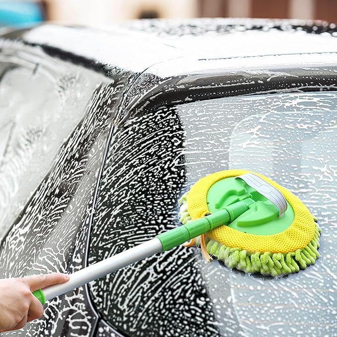 47" Car Wash Brush Mop Cleaning Tool with Long Handle Kit for Washing Detail Car Truck, SUV, RV, Trailer, Boat 2 in 1 Chenille Microfiber Sponge Duster, Paint Scratch Free