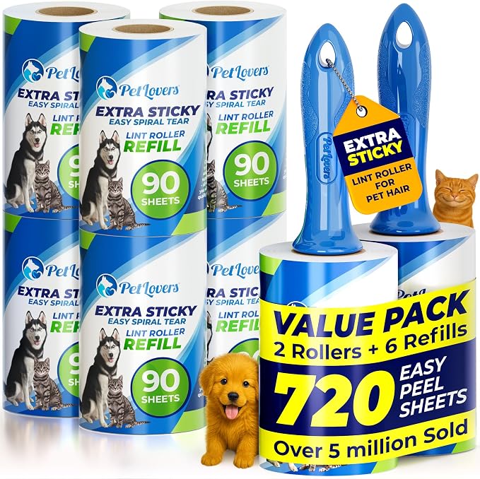 PetLovers Extra Sticky Lint Roller Mega Value Set 720 Sheets for Pet Hair Removal and Clothes, Dog and Cat Lint Remover, 8 Pack by PetLovers
