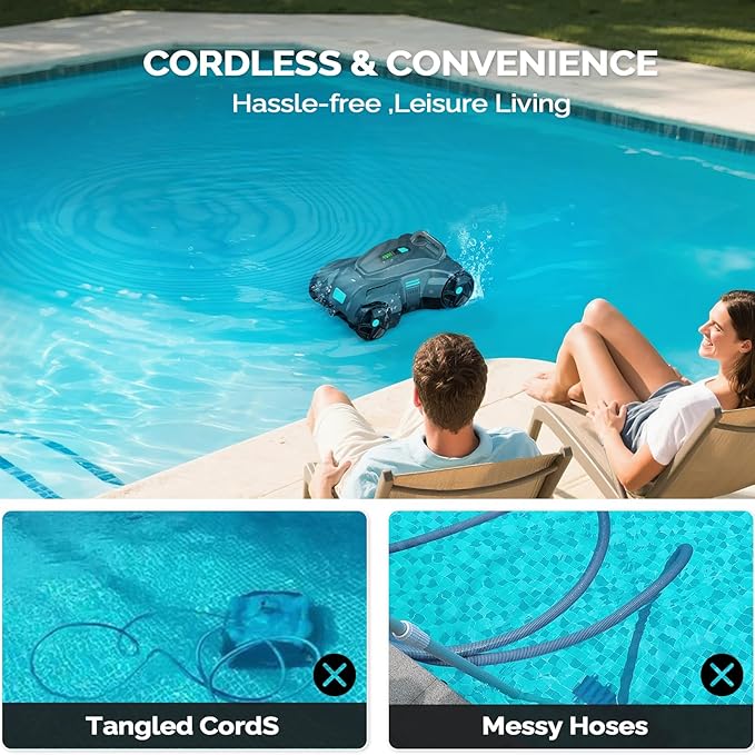 VINGLI Automatic Pool Cleaner Cordless, Robotic Pool Vacuum for In-Ground & Above Ground Pools, 1076 Sq.Ft Coverage with 2.5H Fast Charge, Self-Docking