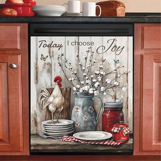 Generic Pastoral Style Vase Kapok Flower Dishwasher Sticker Kitchen Decor Magnet Cover for Door,Rustic Floral Farmhouse Rooster Refrigerator Magnetic Panel Decals for Home Appliances,23x26 in